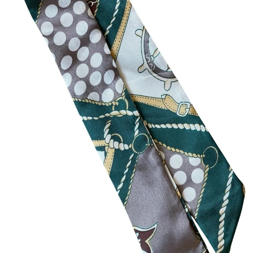 Green Nautical Tie Scarf Versatile Long Ribbon Gold White Brown 35